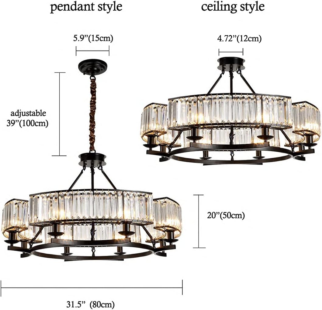 Farmhouse Crytal Chandeliers Dining Room Pendant Light Fixture Black Chandelier with K9 Crystal for Living Room Dining Room Foyer High Ceiling
