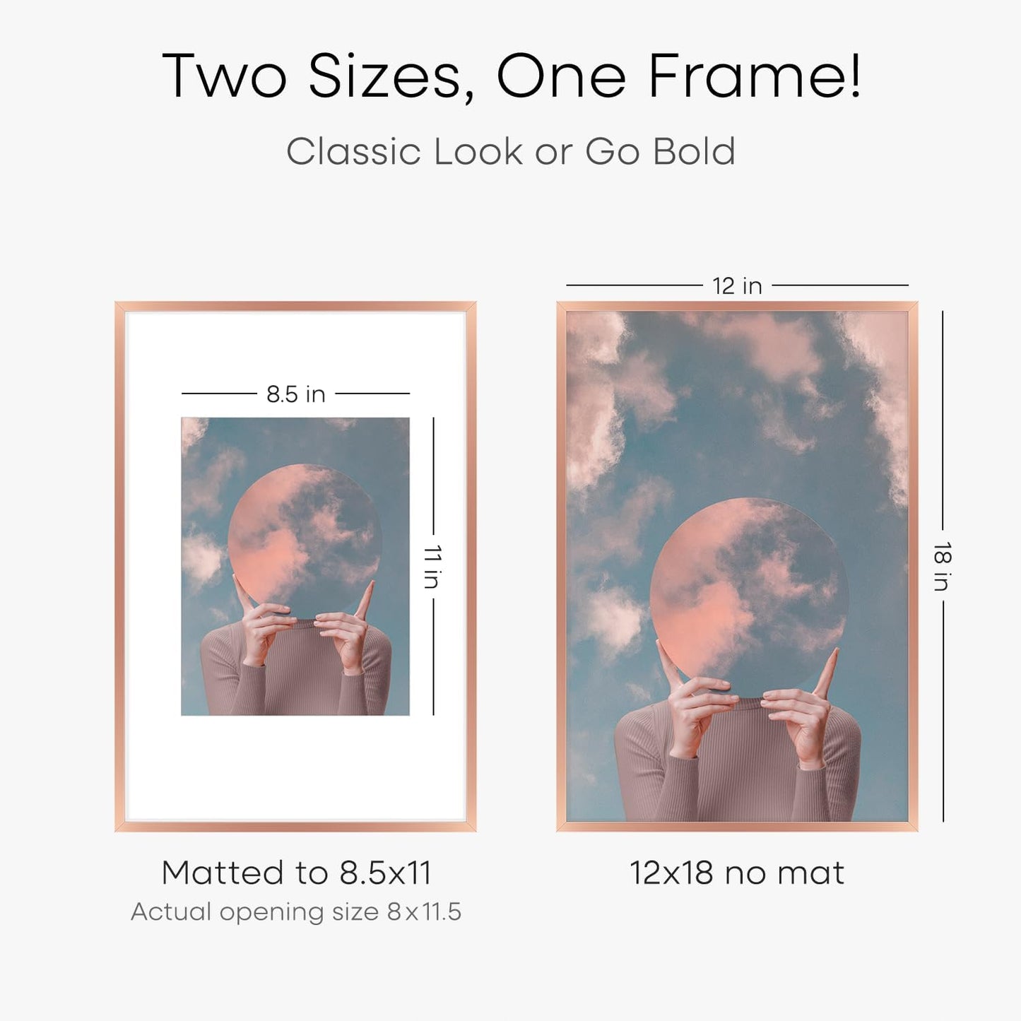 Homeforia 12x18 Picture Frame Rose Gold, High End Metal 12x18 Poster Frames with Mat 8.5x11 in Photo, 12 x 18 Rose Gold Frame Matted to 8.5 by 11 Print, 18x12 Frame, Tempered Glass, Wall Kit, Set of 1