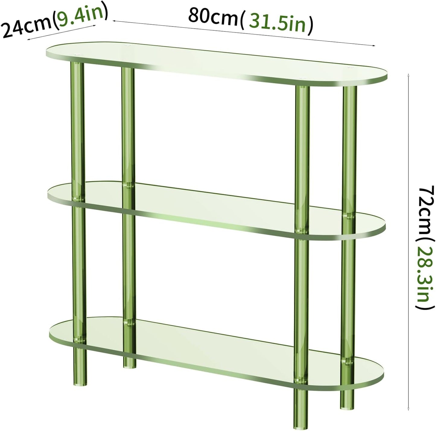 Clear Bookshelf, Acrylic Bookcase with Open Book Shelf Console Table for Entryway Office (3 Tier Green)