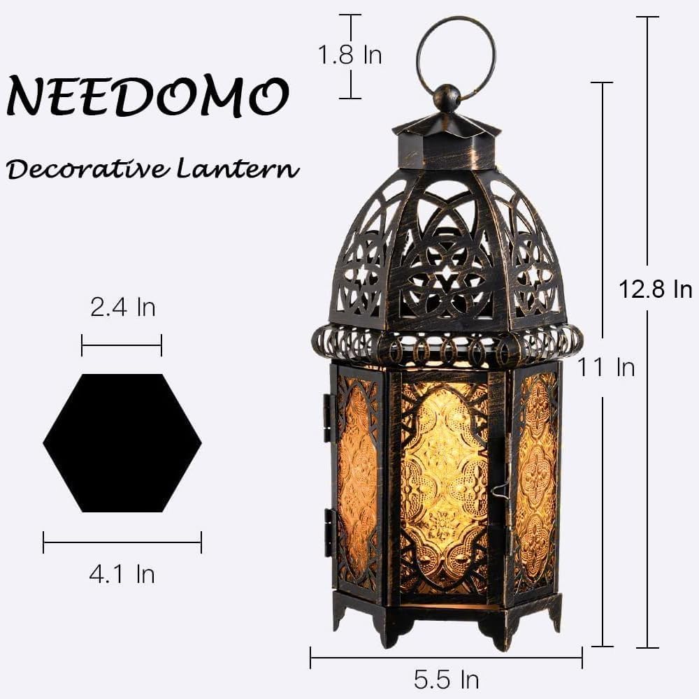 NEEDOMO 12.8'' Moroccan Lanterns Decorative Indoor & Outdoor, Vintage Christmas Candle Holder, Metal Lanterns Decorative, Table, Patio, Porch, Shelf, Christmas Spring Halloween Home Decor (Amber)