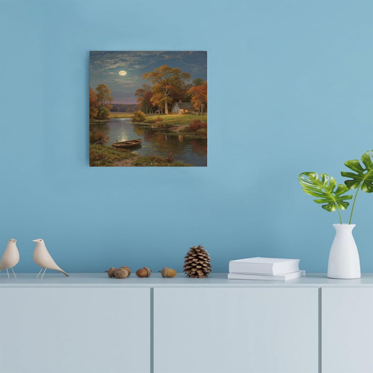 Small house by the stream under the moonlight tranquil style suitable for living room bedroom and office landscape poster wall art