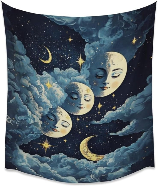 Blue Moon Faces Tapestry Celestial Wall Art Dark Academia Aesthetic Print Stars Clouds Tapestries Wall Hanging whimsical Gothic Home Decor for Bedroom Living Room 40x60inch