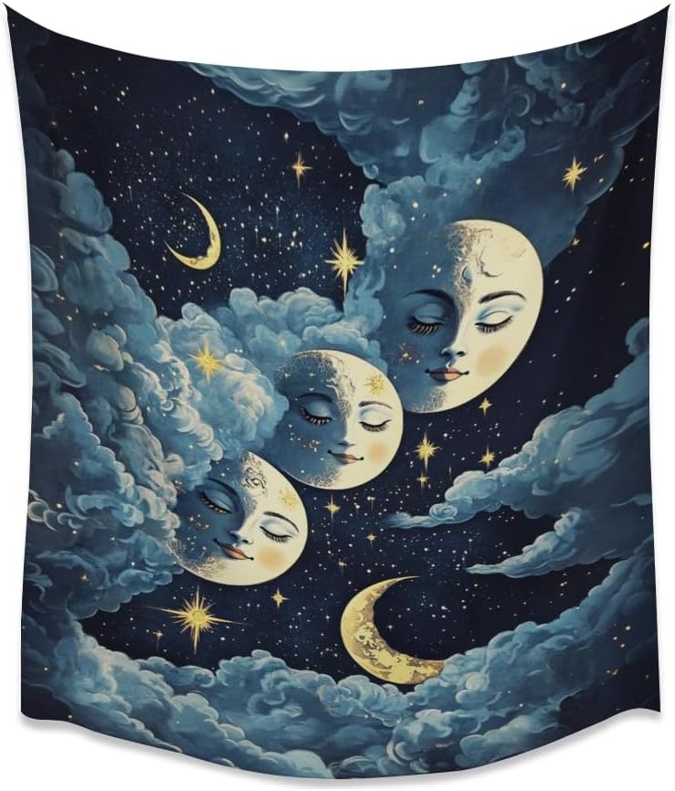 Blue Moon Faces Tapestry Celestial Wall Art Dark Academia Aesthetic Print Stars Clouds Tapestries Wall Hanging whimsical Gothic Home Decor for Bedroom Living Room 50x60inch