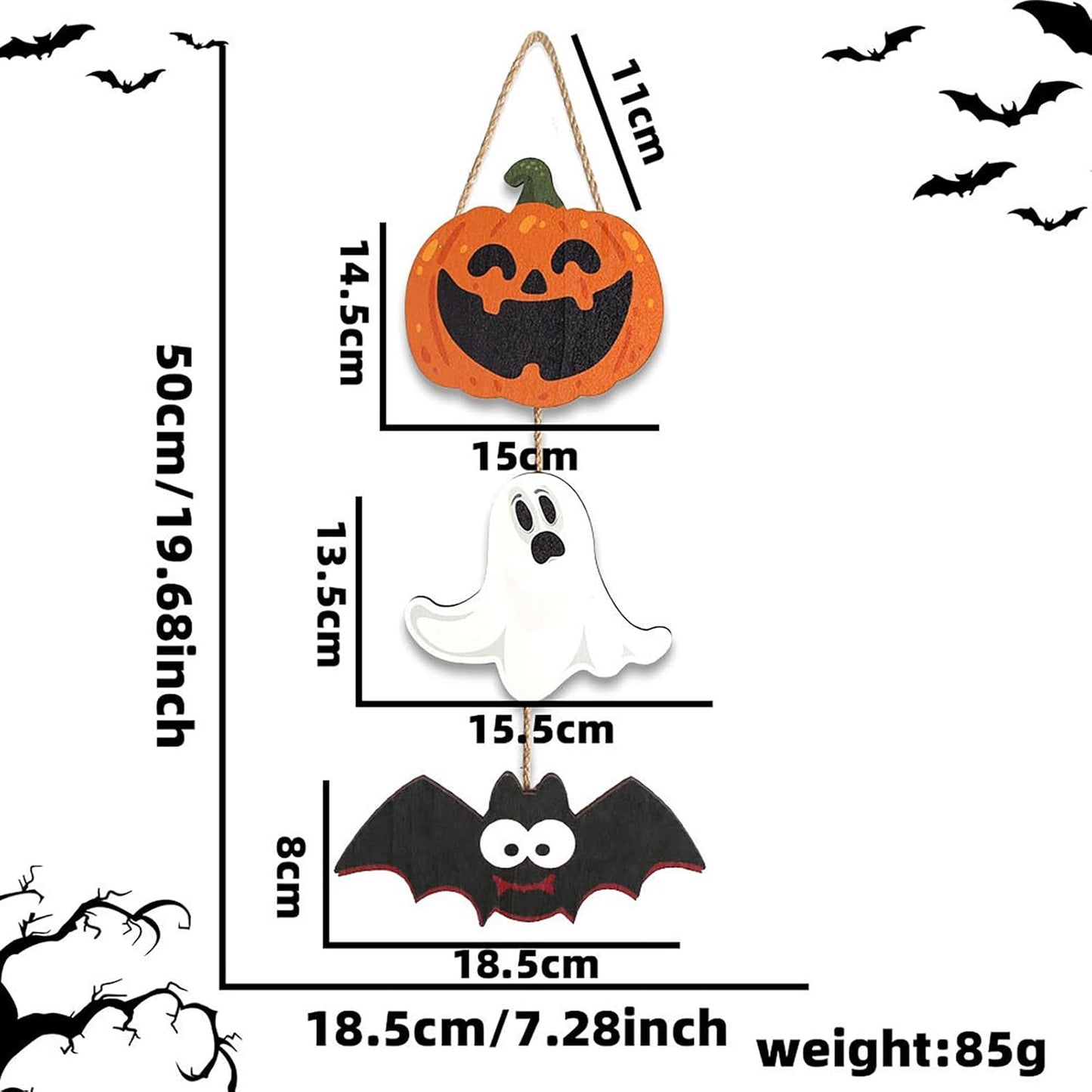 Halloween Cute Hanging Wall Plaque Sign Wall Art Plaques Decoration with Pumpkin Ghost Bat Pattern 3 Pieces Wooden Wreaths Plaques for Front Door Home Outdoor Yard Art
