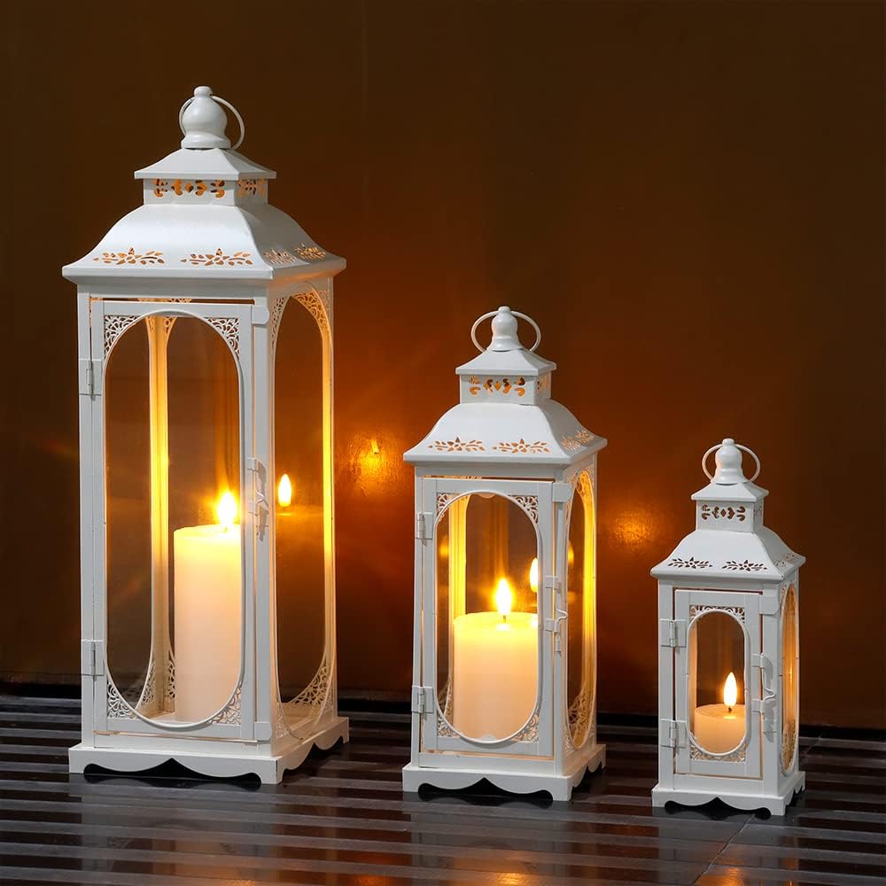 TRIROCKS Set of 3 Vintage Candle Lanterns 10/14/19.5'' High Decorative Outdoor Lantern Metal Candle Holder with Tempered Glass for Home Living Room Garden Yard Parties Events Indoors Outdoors (White)