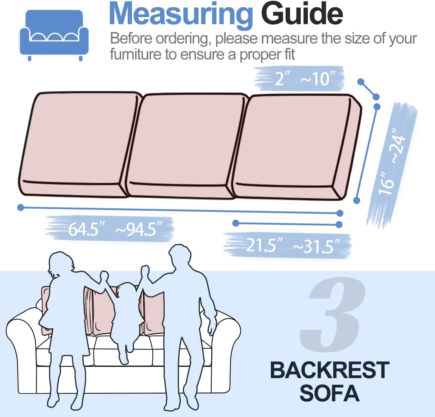 Large Backrest Cushion Covers Super Stretch Backrest Covers for 3 Cushion Couch Sofa, Couch Back Cushion Covers Featuring with Chenille Yarn (Softer Version, 3PC, Pale Pink)