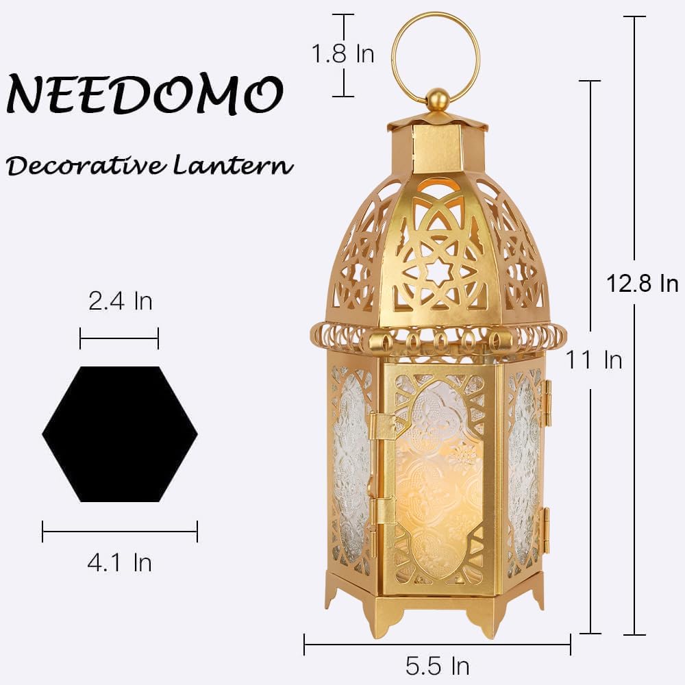NEEDOMO 12.8'' Moroccan Lanterns Decorative Indoor & Outdoor, Vintage Christmas Candle Holder, Metal Lanterns Decorative, Table, Patio, Porch, Shelf, Christmas Spring Ramadan Eid Home Decor (Golden)