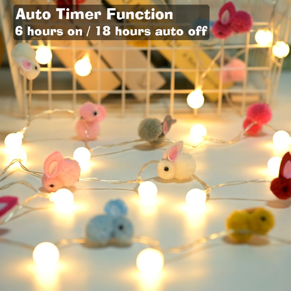9.85Ft Easter Decor String Lights with Timer 20 Rabbit Shaped Pompoms 20 Ball LED Garland Battery Operated Easter Decorations Bunny Lights for Home Party Kids Room Bedroom Birthday Wedding Indoor
