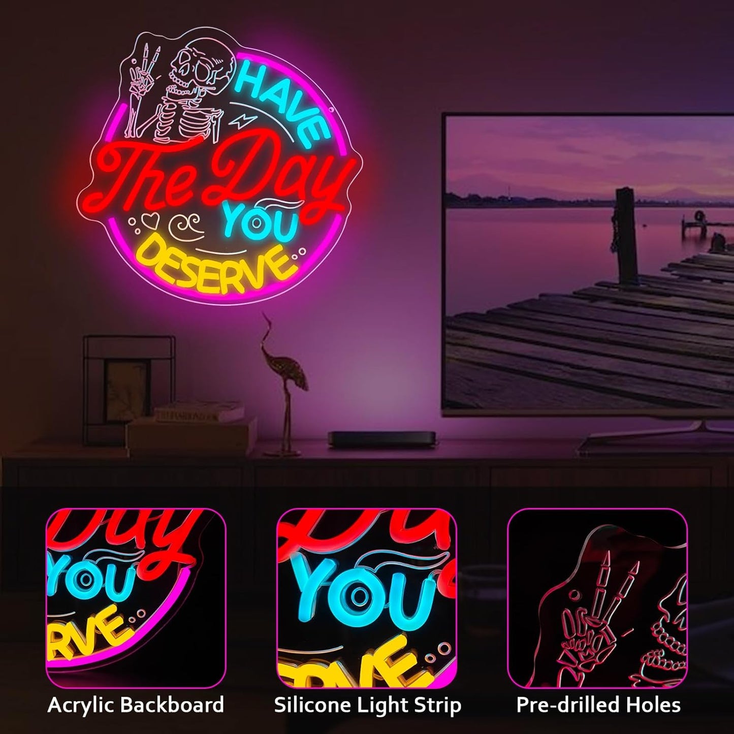 Have The Day You Deserve Neon Sign,Funny Skull Neon Signs For Wall Decor,USB Dimmable LED Neon Light signs for Bedroom,Party, Bar, club,Living Room Halloween Decoration Gifts