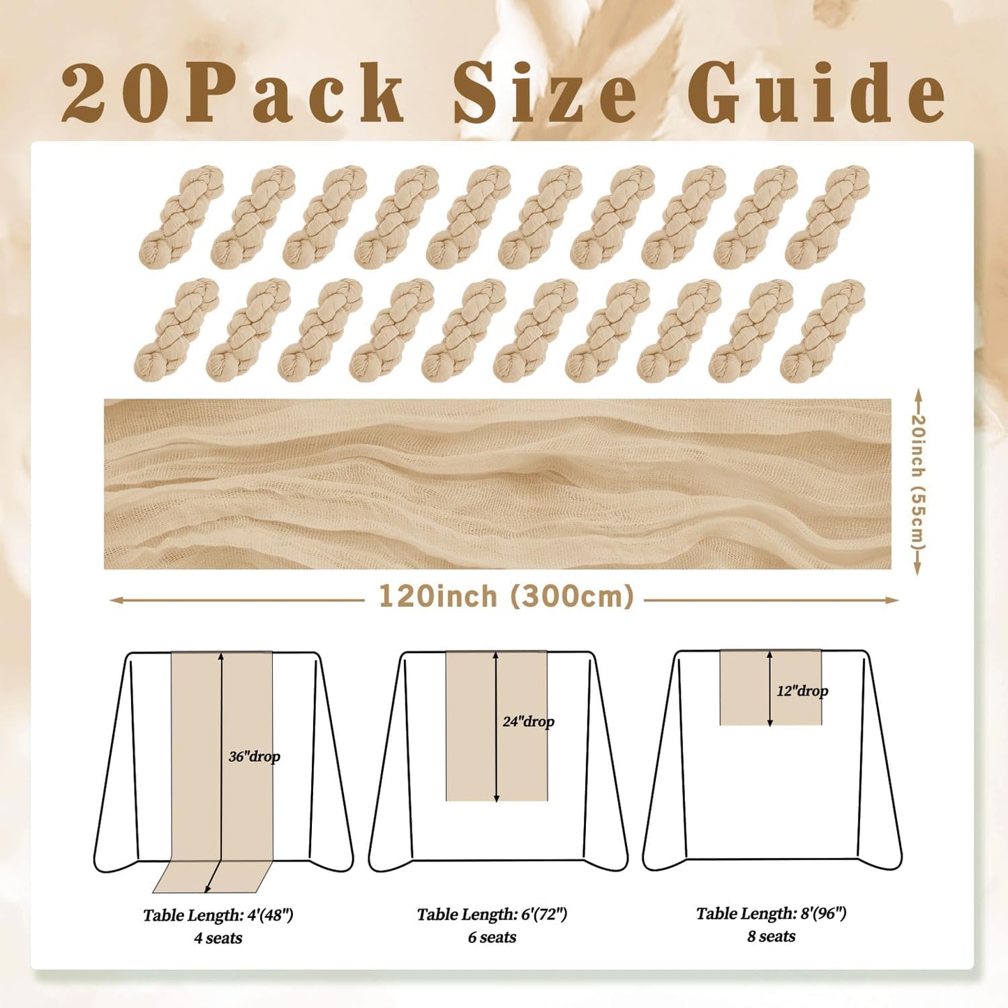 Sand 20 Pack 10FT Cheesecloth Table Runner 20 x 120 Inch Long Rustic Gauze Cheese Cloth Table Runner for Wedding Bridal Baby Shower Table Decorations Boho Fabric Sheer Birthday Party Table Decor