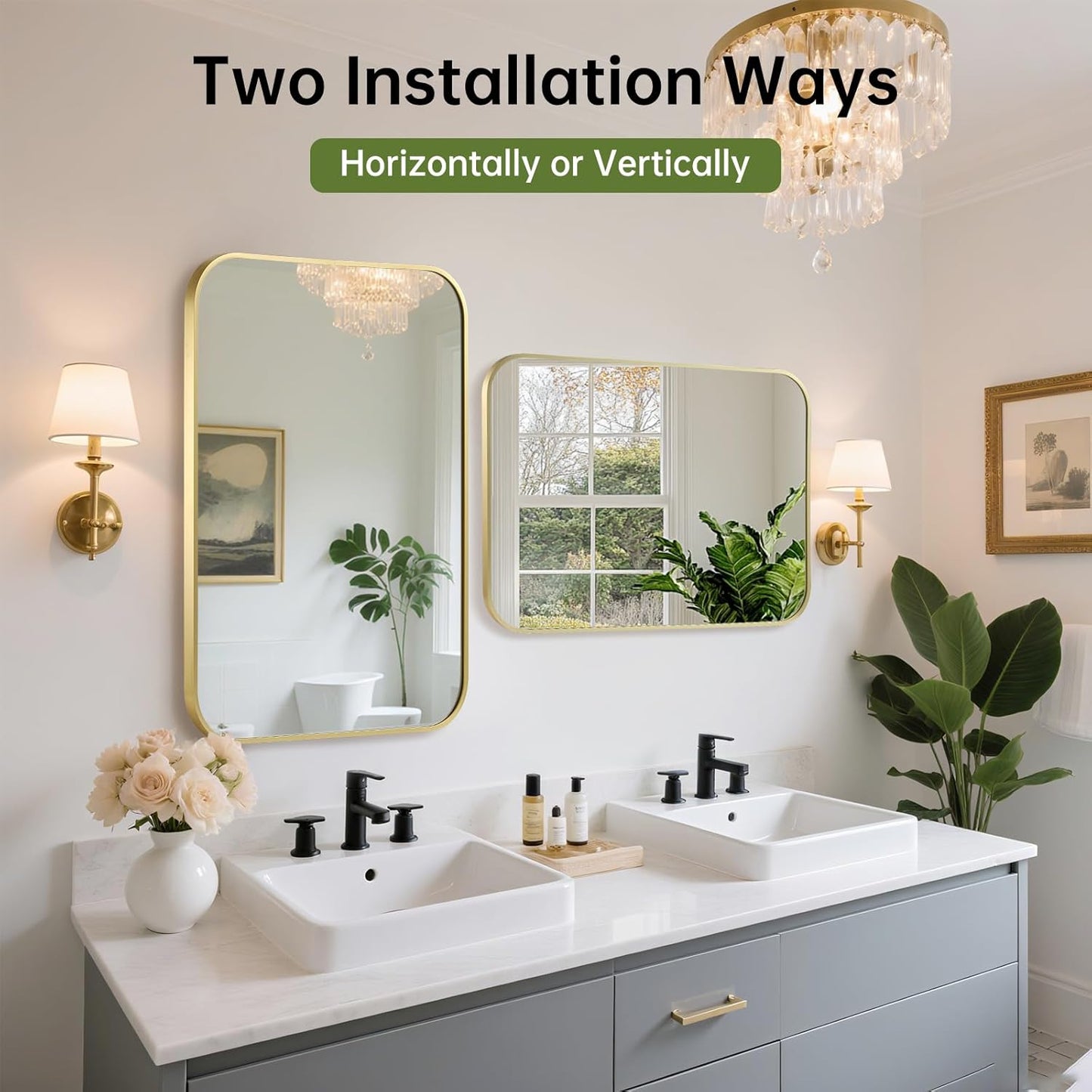 FARMER 20x28 Inch Gold Bathroom Mirror, Rectangle Vanity Mirror, Brushed Mirrors for Wall, Metal Frame Hanging Mirror with Round Corner for Bedrooms, Entryways, Living Rooms, Horizontal/Vertical