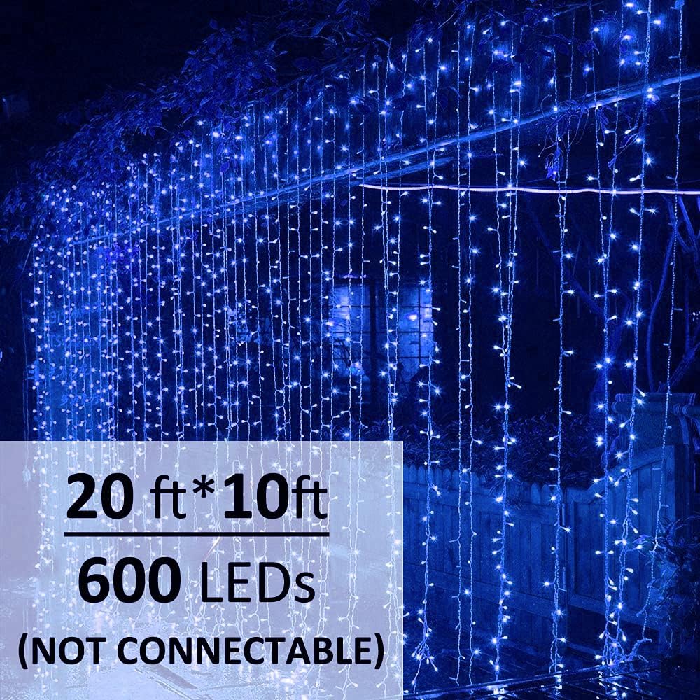 Solhice LED Curtain Lights Blue Outdoor 20ft x10ft, 600 LED Plug in Christmas Hanging String Lights Indoor, Twinkle Lights Backdrop for Backyard Wedding Bedroom Décor (Not Connectable)