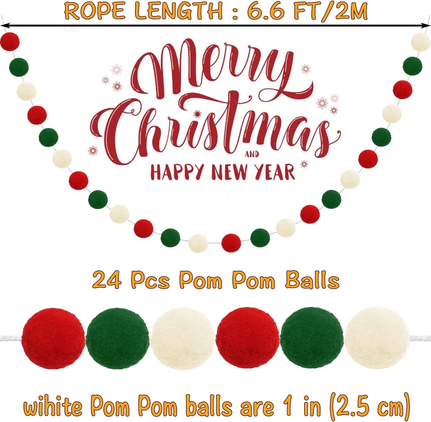 Jishi Christmas Pom Pom Garland Christmas Decorations for Tree Indoor Home Room Decor 3pk Cute Hanging Felt Ball Red White Green Pompom Bead Ornament String Banner Garland Xmas Birthday Party Supplies