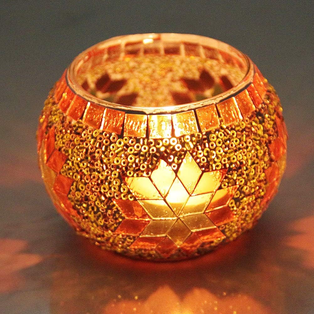 SHMILMH Votive Candle Holder Set of 4, Diwali Decoration for Home, Handmade Mosaic Glass Tealight Candle Holders for Table Centerpiece Decor,Diwali Thanksgiving