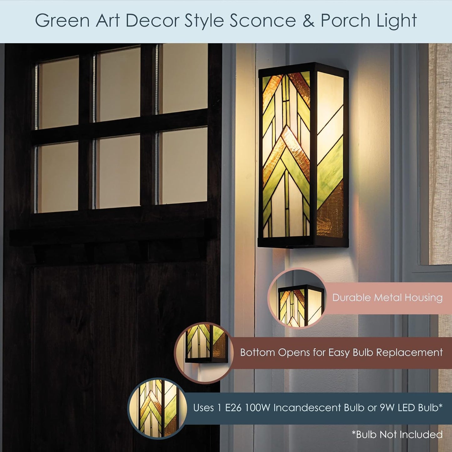 RIVER OF GOODS Art Deco Stained Glass Outdoor Light Fixture - 16.25" H - Decorative Porch Light - Green