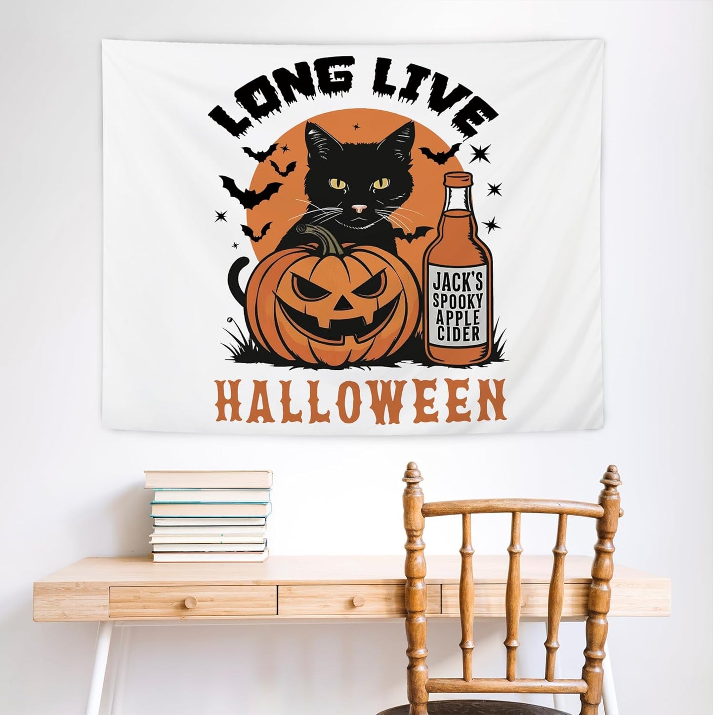 NATSUNO Halloween Tapestry, Long Live Halloween Wall Tapestry for Bedroom, Trendy Black Cat Pumpkin Apple Cider and Bats Tapestries Wall Hanging for Home Living Room Decor, 50x60 Inches