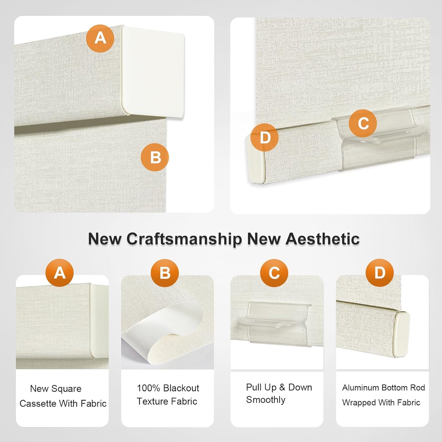 Persilux Blackout Shades for Windows Cordless Roller Blinds, Roller Windows Shades for Home with Fabric Attached Valance, UV Protections Easy Installation for Door/Office, Limestone(53.5" W x 64" H)