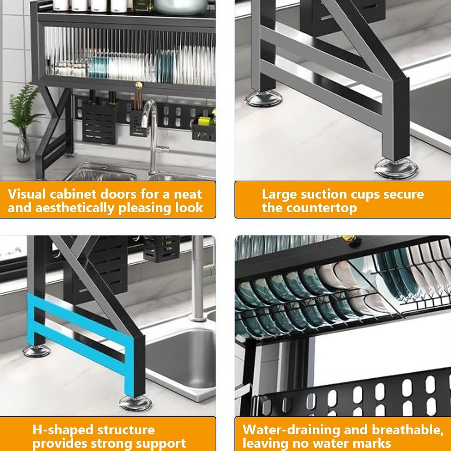 Kitchen sink rack dishwashing sink countertop dustproof cupboard storage multifunctional tableware storage drain rack double layer,KeepKitchen Sink Shlef Organized Space-Saving(Black,65cm/25.6in)