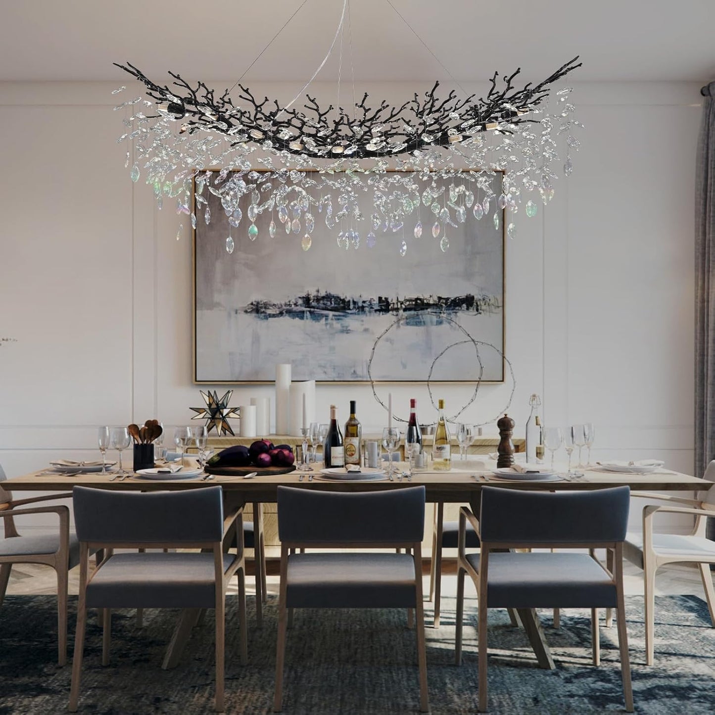 Modern Black Rectangle Crystal Tree Branch Chandelier, 55" 16-Light K9 Crystal Chandeliers for Dining Room, Rectangular Dining Room Chandelier Over Table,for High Ceiling,Kitchen