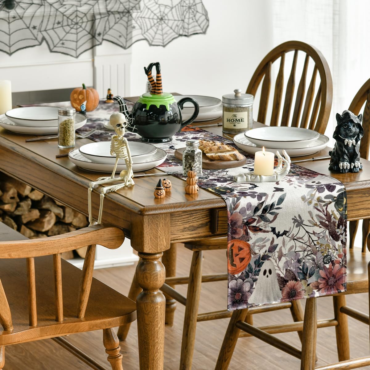 Artoid Mode Jack-O'-Lantern Pumpkin Floral Ghost Halloween Table Runner, Eucalyptus Kitchen Dining Table Decoration for Home Party Decor 13x108 Inch