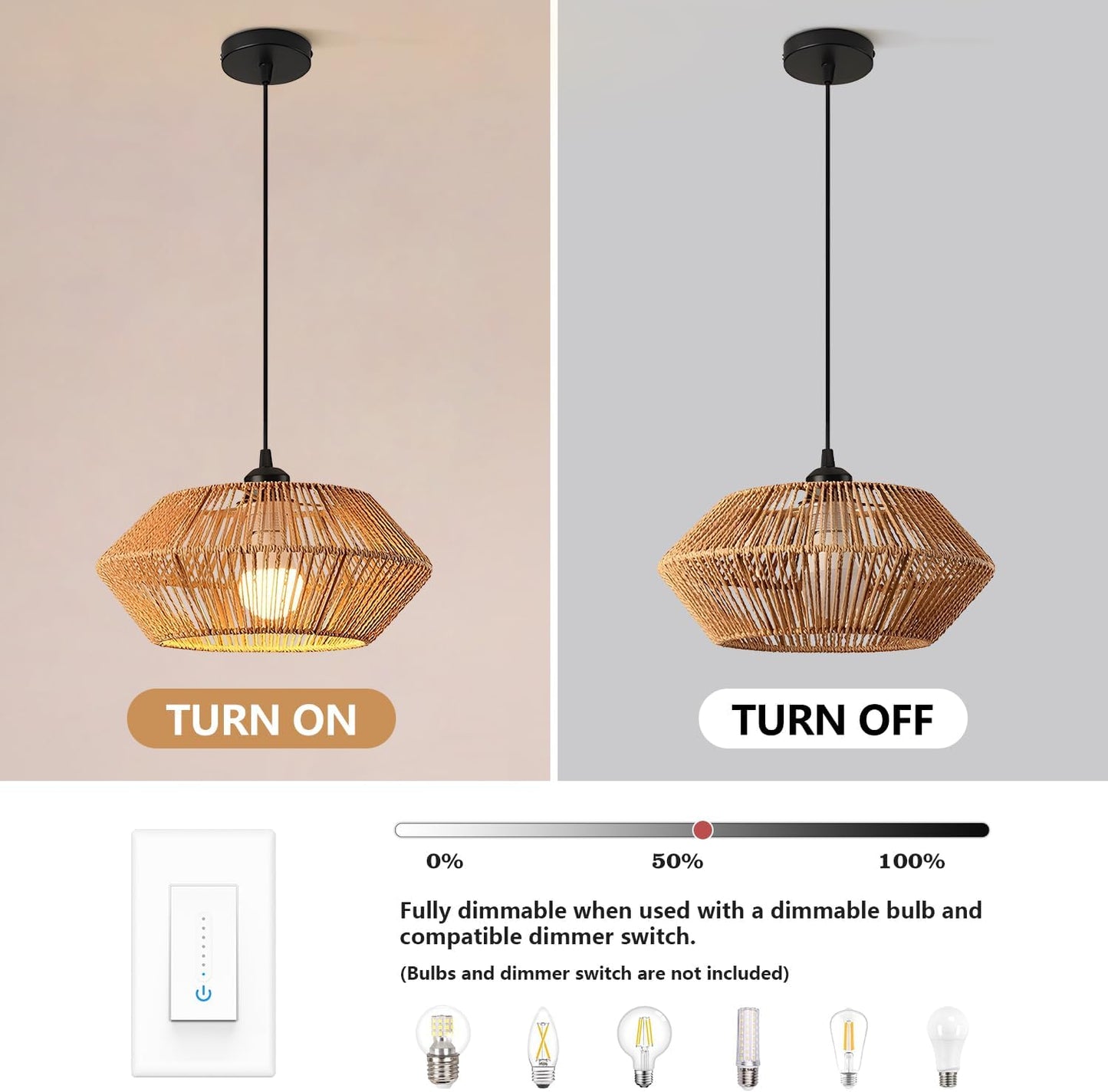 Rattan Pendant Light Fixture Ceiling Bohemian Chandelier Wicker Pendant Light 12.2in Woven Hanging lamp for Bedroom Kitchen Island Hallway