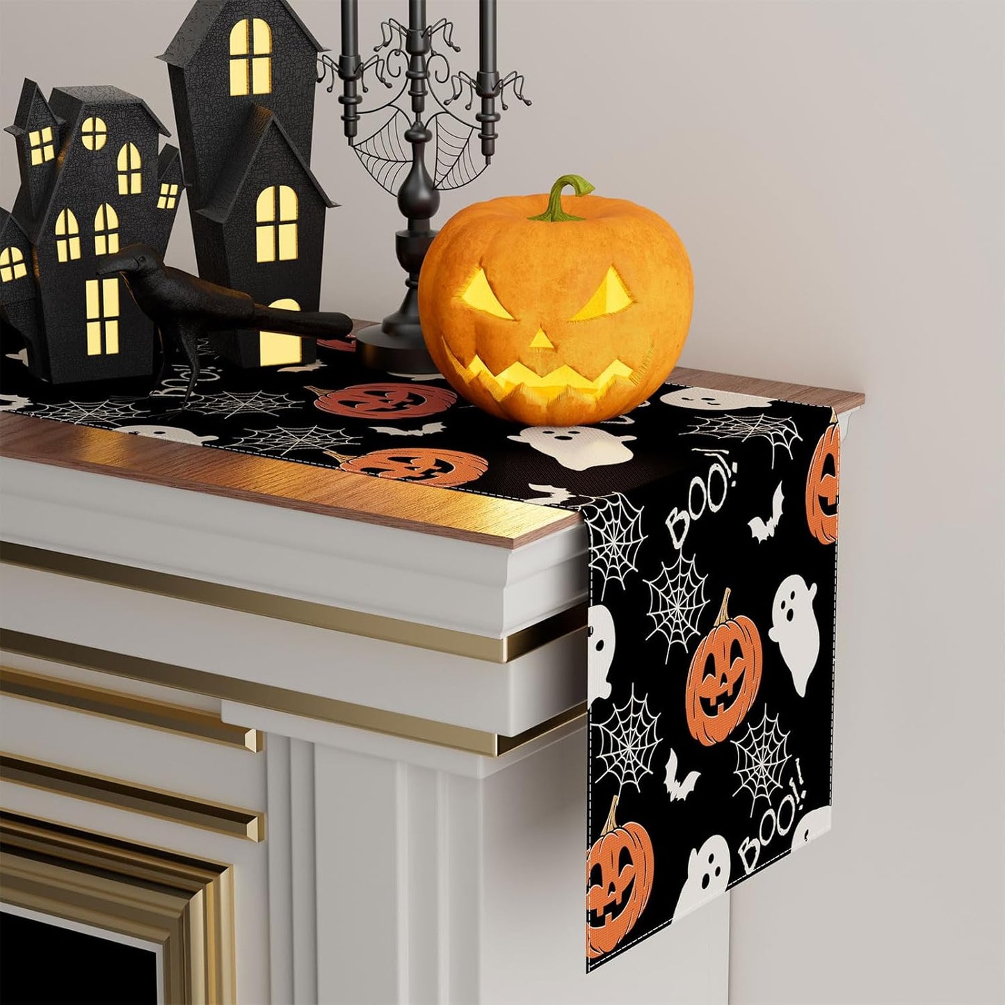 XCHI Boo Spooky Ghost Pumpkin Halloween Table Runner Burlap Table Decoration for Home Kitchen Dining Dinner Indoor Holiday Farmhouse Decor 13x120 Inch