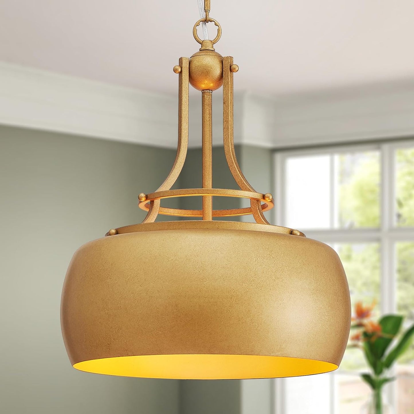 WUZUPS Chandelier Rustic Farmhouse Industrial Round Ceiling Pendant LED Light Fixture with Open Bottom Drum Shade, H 15.7" x W 13.4", Antique Gold