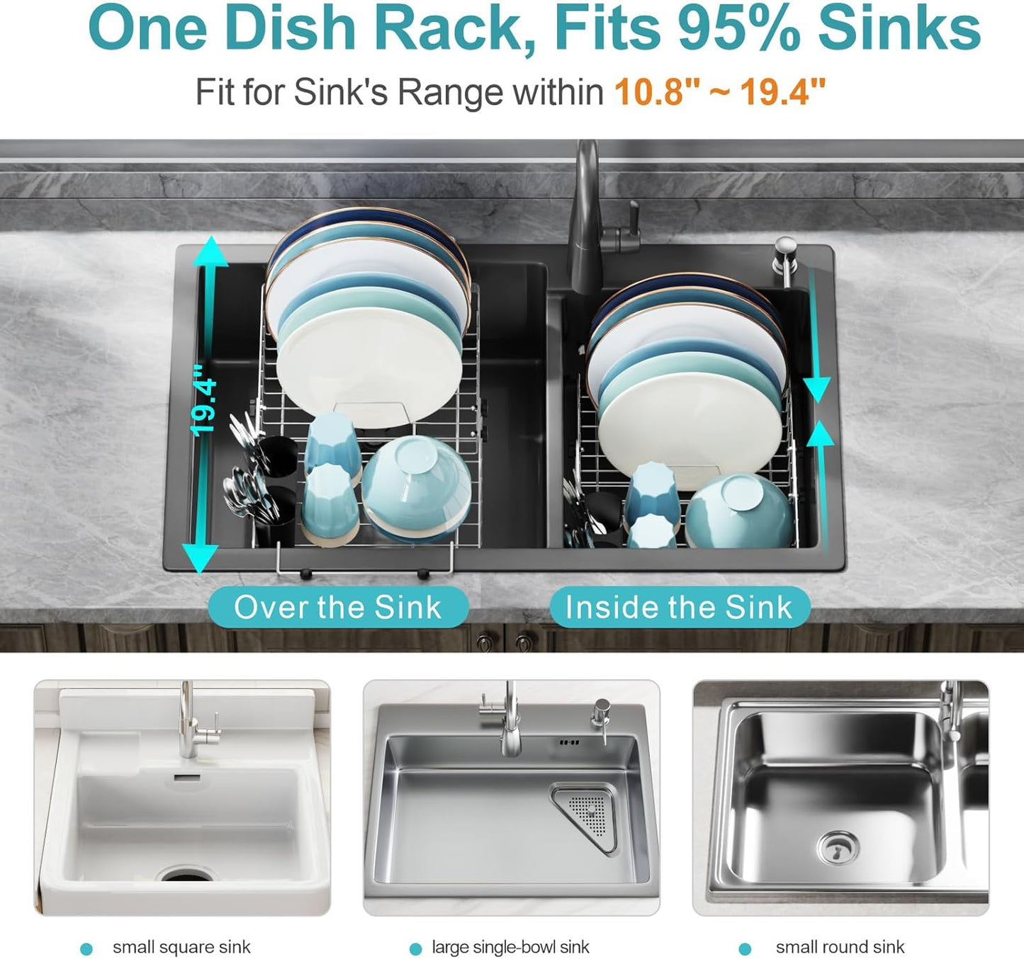 GSlife Expandable Dish Drying Rack - Stainless Steel Capacity Adjustable Over The Sink Rack (10.8''-17.9'') with Sink Mat, Dish Drainer for Kitchen Sink Counter with Utensil Holder, Silver
