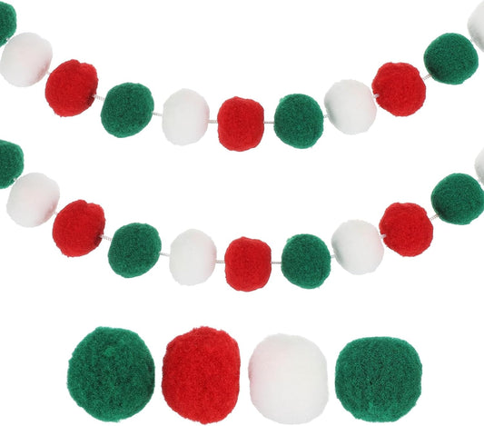 PATIKIL 13Ft Pom Pom Garland Decorations, 2Pcs Colorful Felt Ball Garland Banner Cute Rainbow Pompom Hanging Decorations for Tree Ornaments Homes Decor, Red/Green/White