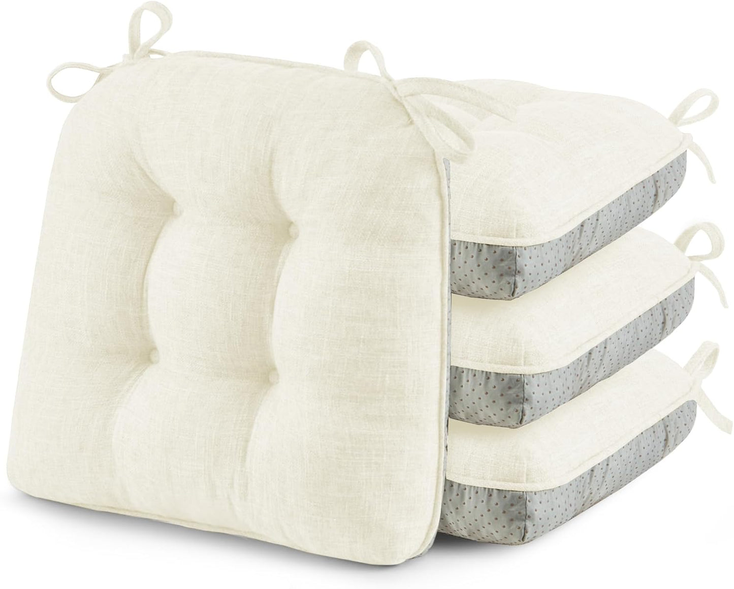 puredown® Chair Cushions for Dining Chairs, Tufted Memory Foam Chair Pads with Non-Slip Backing, Kitchen Seat Cushions with Ties, Washable Seat Pads Set of 4, 15.5" x 15.5" x 4", Ivory