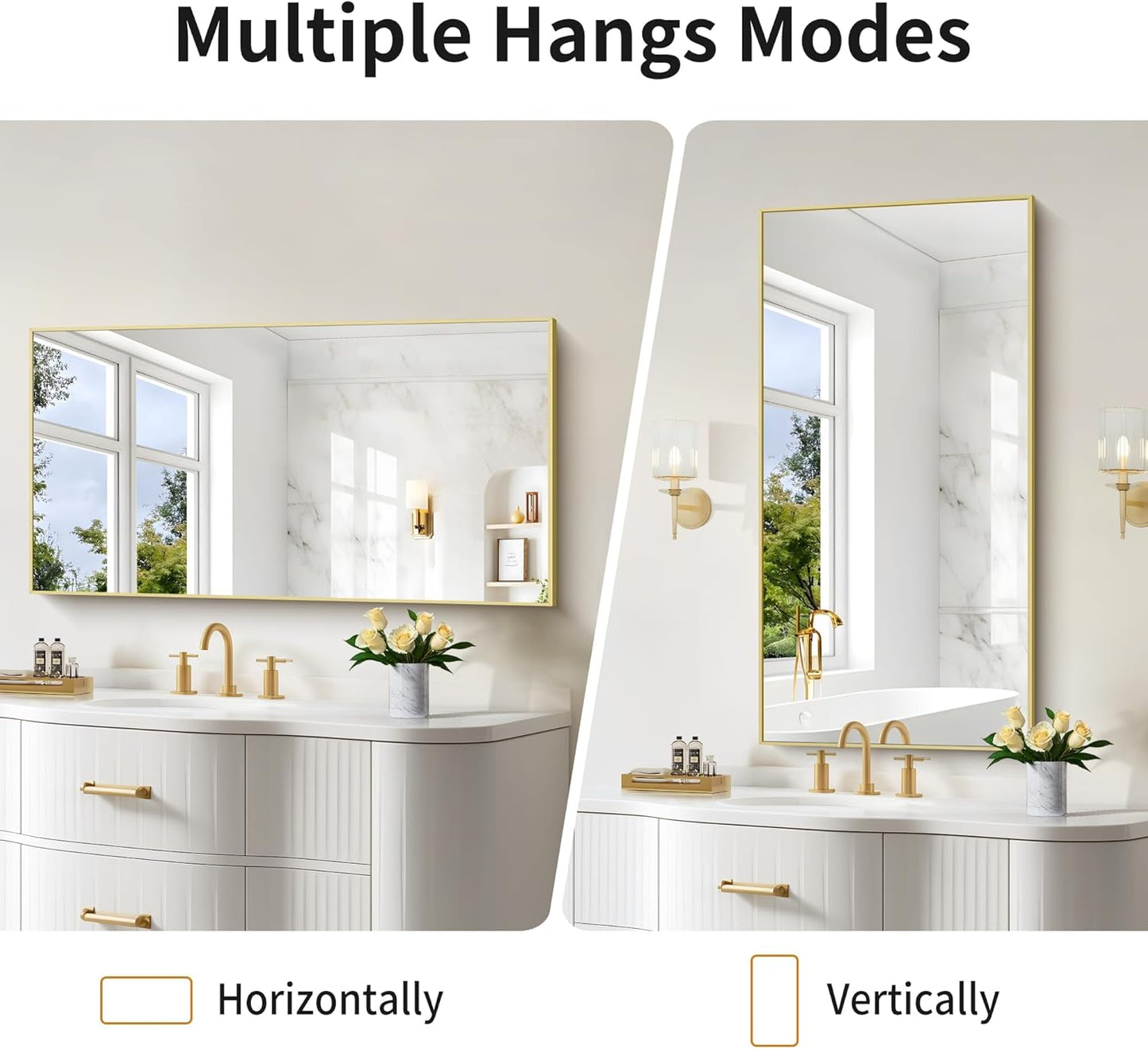 48x24In Gold Bathroom Mirror for Wall, Brushed Gold Rectangle Mirrors with Metal Frame, Bathroom Rectangular Mirror Modern Wall Mirror for Bedroom Living Room, Hangs Horizontal or Vertical