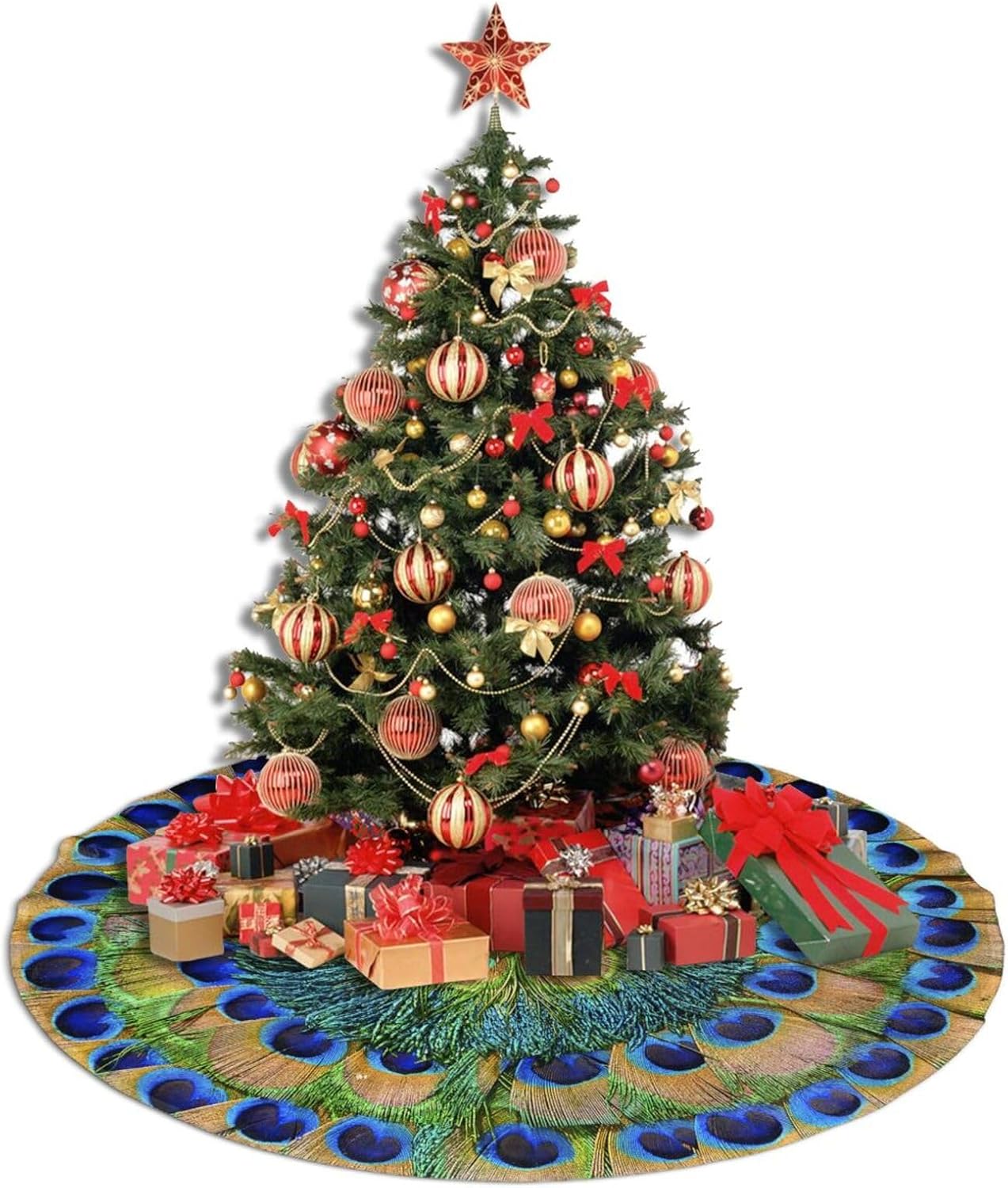 Christmas Tree Skirt,Peacock Feathers Circle Xmas Tree Skirt Rustic Farmhouse Tree Skirt for Christmas Decor Xmas Holiday Home Party Decorations36