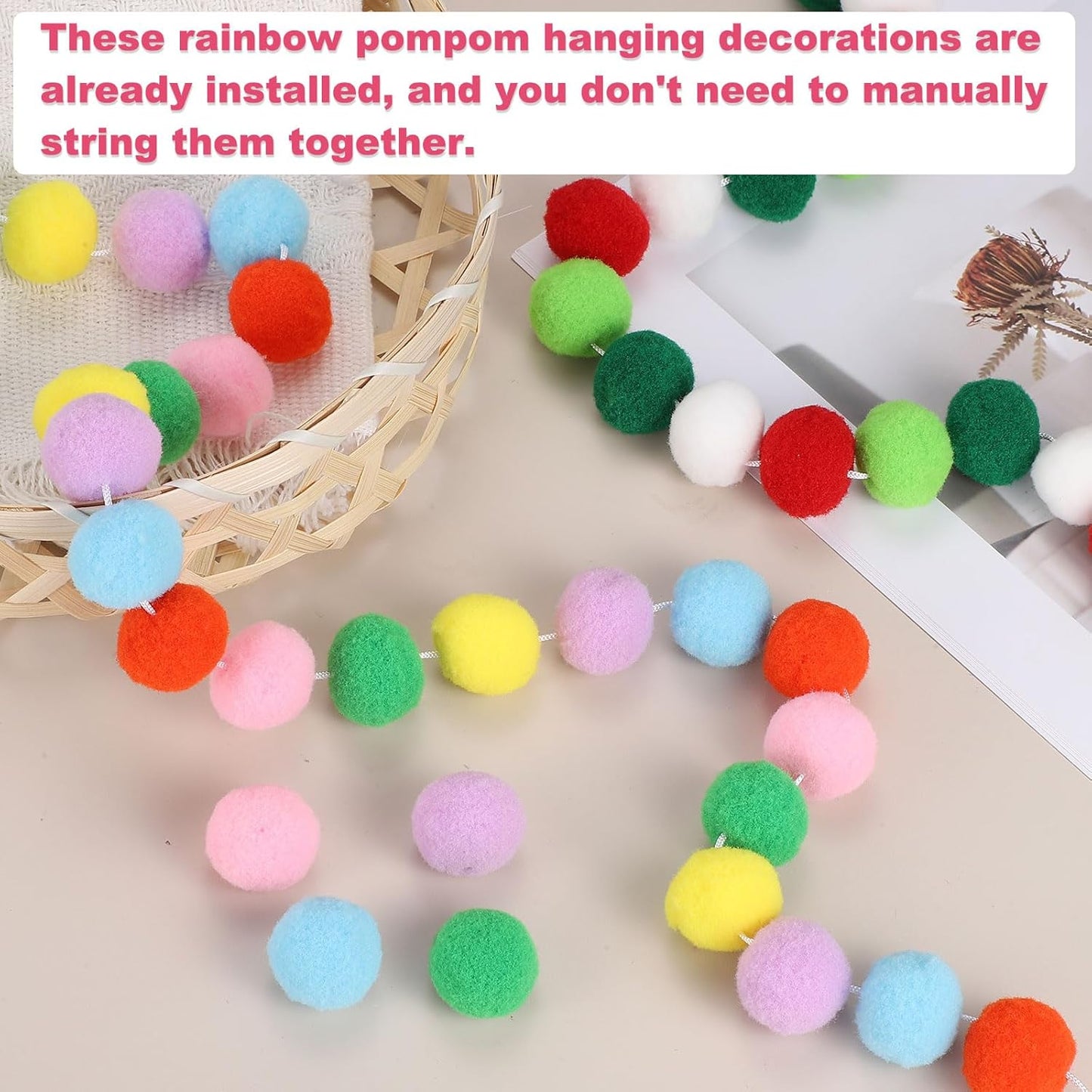 PATIKIL 26Ft Pom Pom Garland Decorations, 4Pcs Colorful Felt Ball Garland Banner Cute Rainbow Pompom Hanging Decorations for Tree Ornaments Decor, Yellow/Brown/Gold Tone/White/Orange/Red