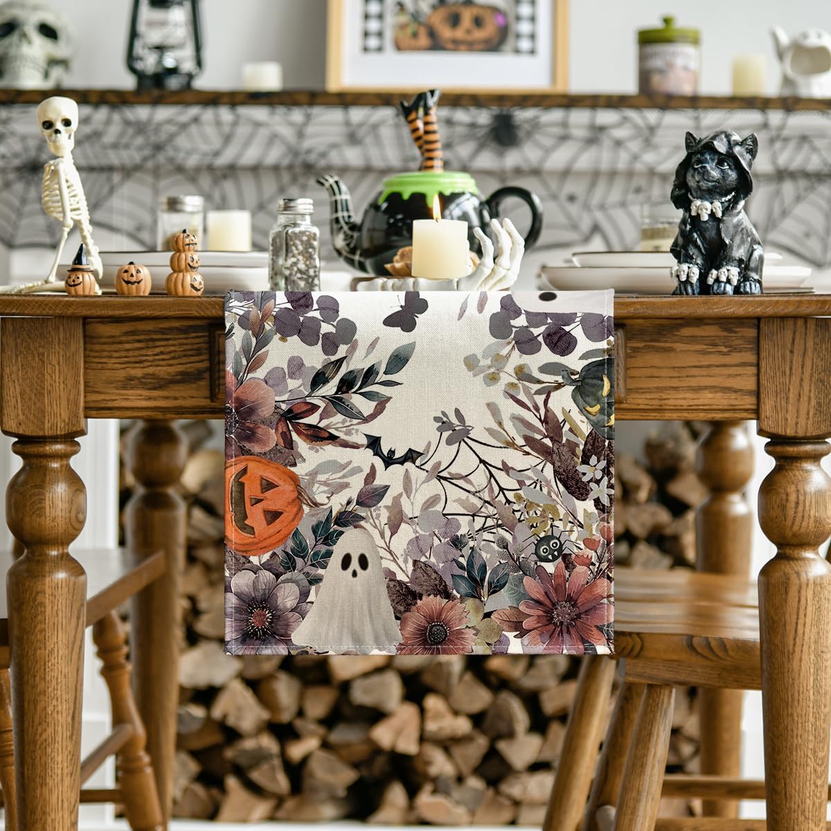 Artoid Mode Jack-O'-Lantern Pumpkin Floral Ghost Halloween Table Runner, Eucalyptus Kitchen Dining Table Decoration for Home Party Decor 13x48 Inch