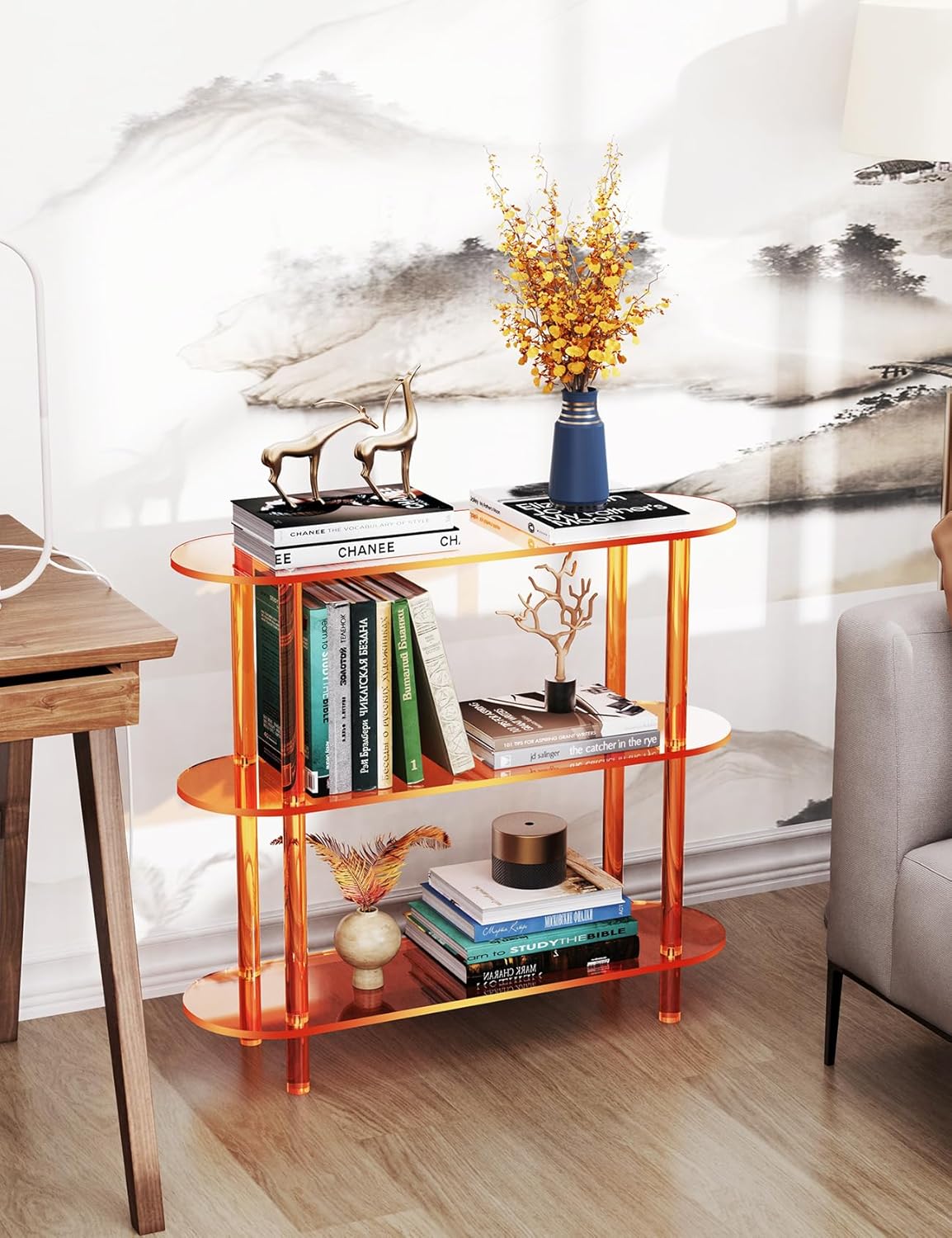 Clear Bookshelf, Acrylic Bookcase with Open Book Shelf for Office Living Room Bedroom (3 Tier Orange)