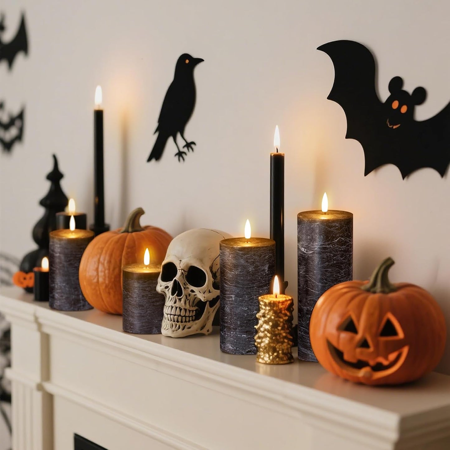 Halloween Flameless Candles, 4 Pack Battery Operated Halloween Candles with Remote, Wax LED Fake Pillar Candles Fireplace/Shelf Decor D3 H 5" 6" 7" 9" Black