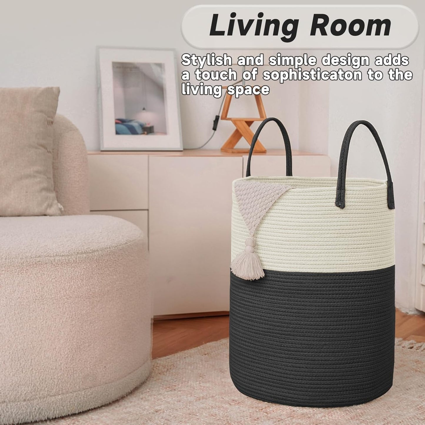 Large Woven Laundry Basket Hamper,80L Cotton Rope Storage Bin for Blankets,Toys and Clothes,Decorative Tall Nursery Hamper for Living Room,Baby Nursery,Bathroom and Bedroom,White and Black