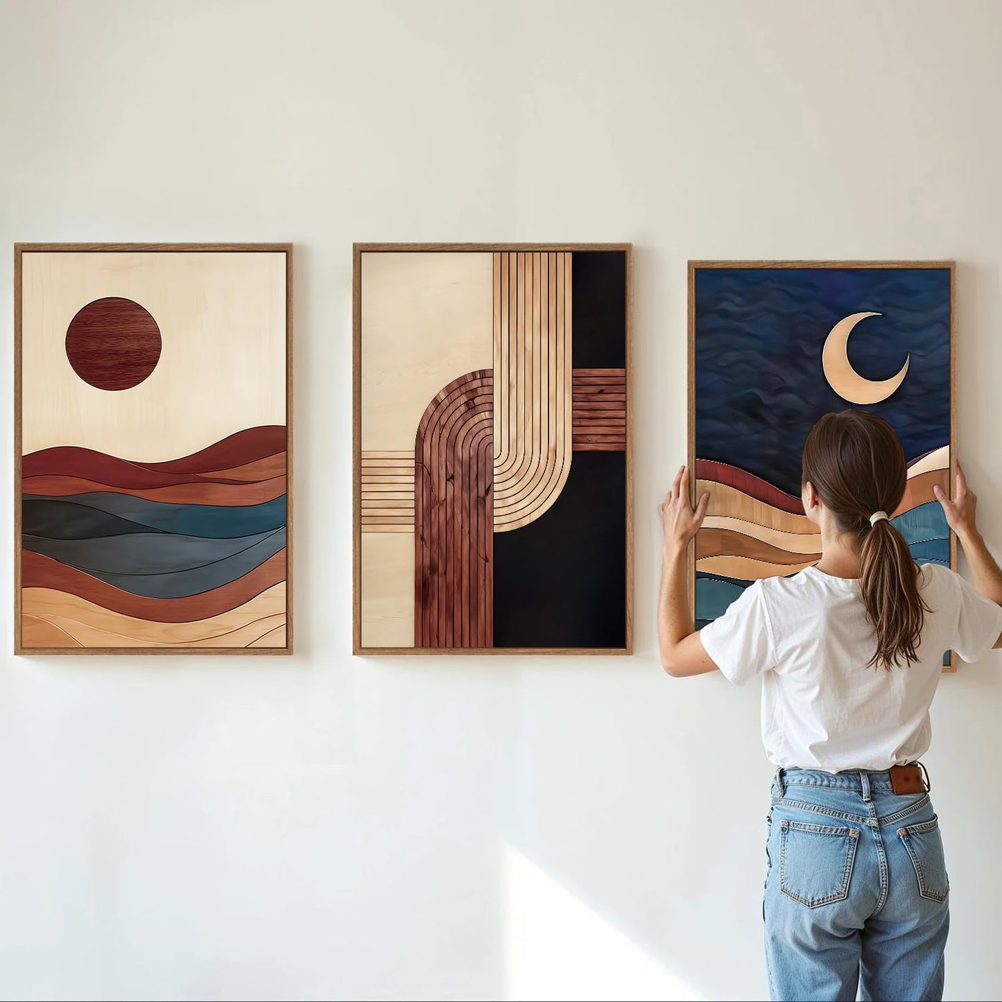 SIGNINART Boho Mid Century Modern Framed Canvas Wall Art, Bohemian Geometric Wall Decor, Abstract Sun and Moon Artwork,Beige and Black Wooden Art Paintings for Living Room Bedroom Office 16"x24"x3