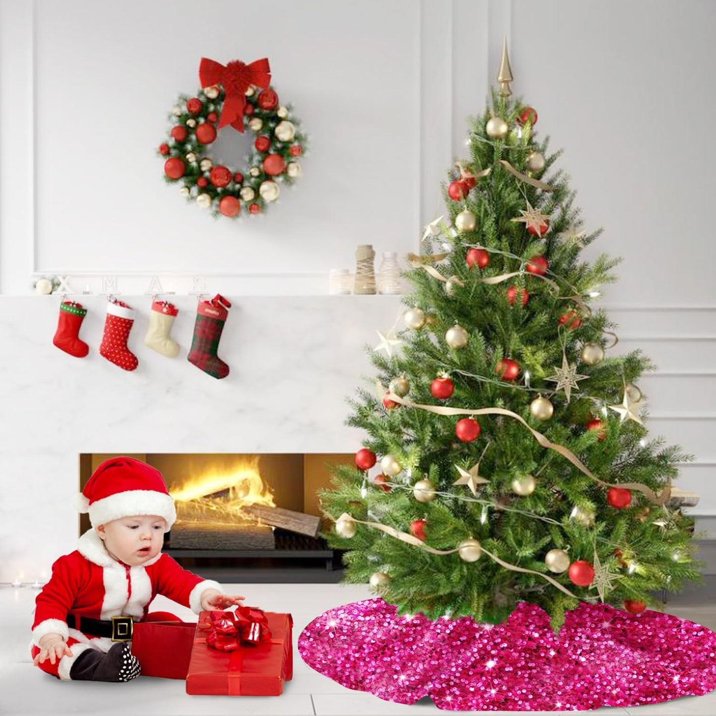 MODFUNS Glitter Tree Skirt 36 Inch Velvet Xmas Tree Skirts Hot Pink Sequin Christmas Tree Skirt Thick Sparkly Tree Skirting Cover for Xmas Tree Skirts Merry Christmas Home Glittering Tree Mat