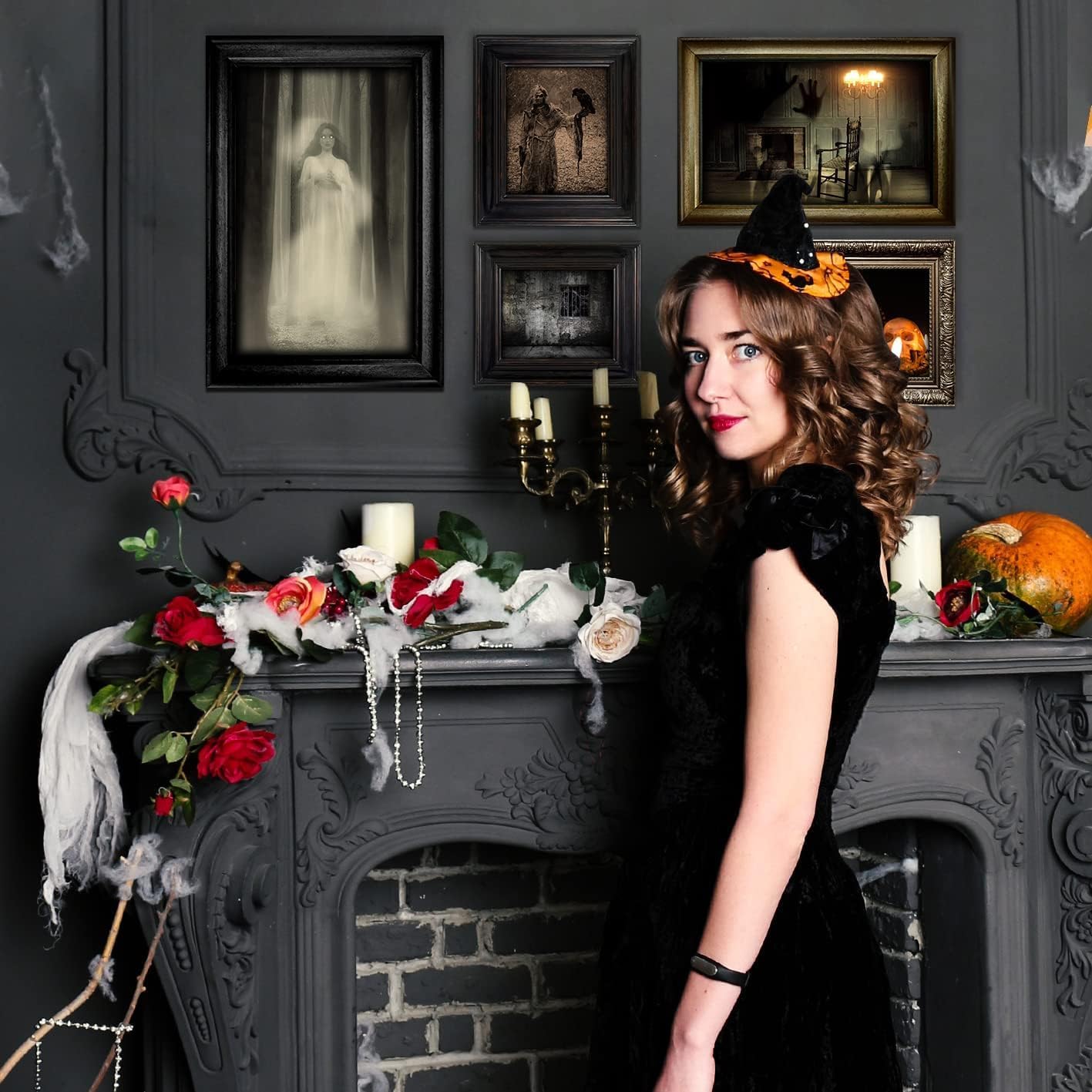 15 Halloween Gothic Mansion Haunted Horror Picture Frames, Waterproof Durable,with 80pcs Self Adhesive Dots, Creepy Photo Decorations For Haunted Home Family Castle Masquerade Party