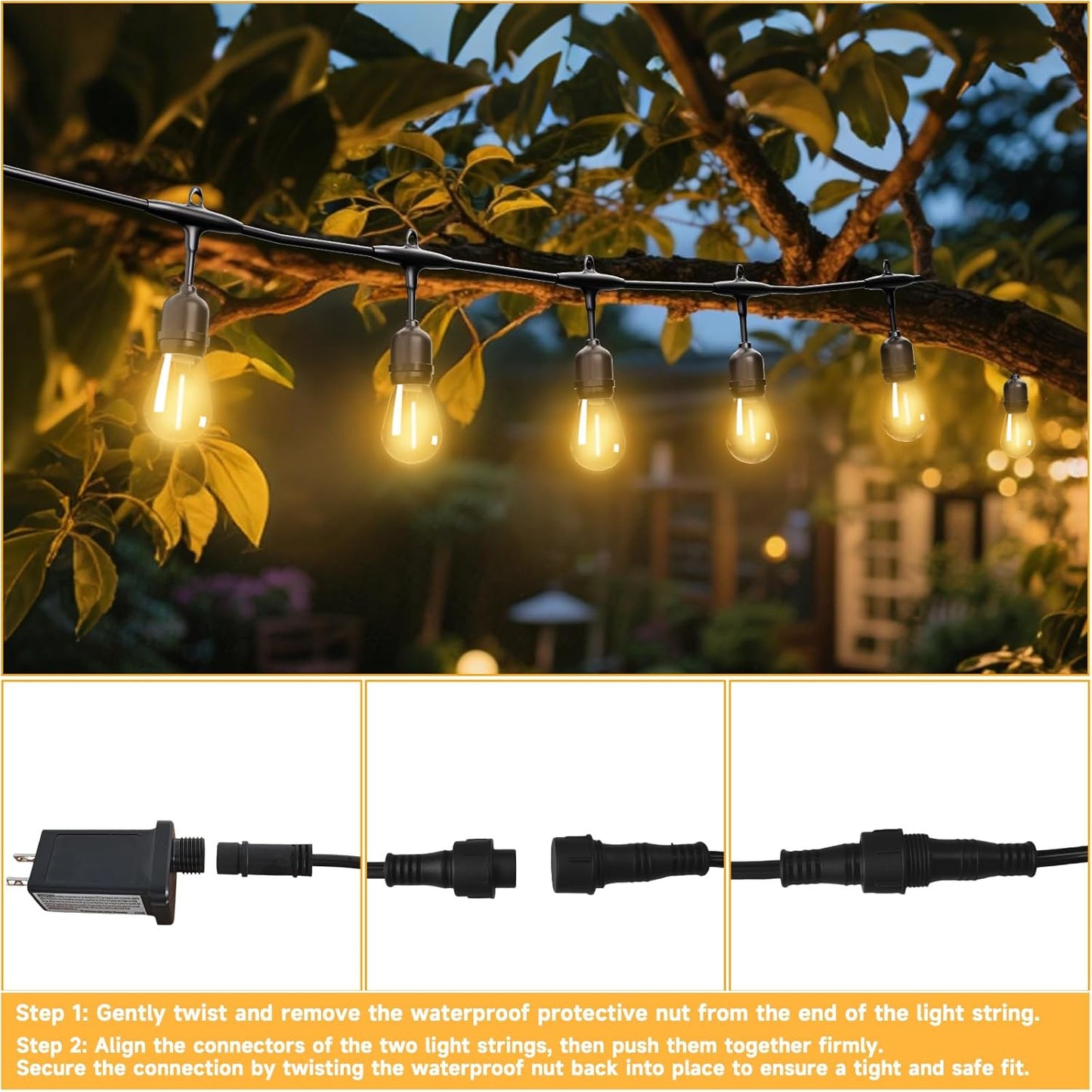 Outdoor Safety String Lights 100FT - 24V 20W Commercial Grade Low Voltage Strand with 40 S14 Shatterproof Bulbs for Tree Garden Yard Cafe Bistro | Warm Yellow 3500K | IP65 Waterproof | UL Listed