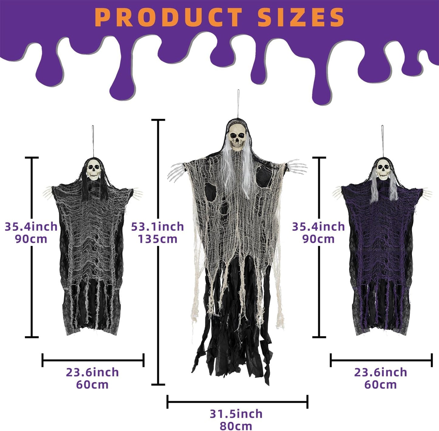 Halloween Decorations Outdoor and Indoor,3PCS Scary Hanging Ghosts,Halloween Grim Reaper Skeleton,Scary Party Decorations for Yard,Haunted House Decor