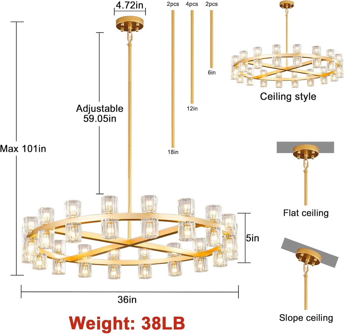 Modern 36" Gold Round Chandelier Light Fixture, K9 Crystal Chandeliers for Dining Room, Living Room, Dining Room Chandeliers Over Table, Chandelier for Bedroom, Foyer, Includes 36XG4 Bulbs