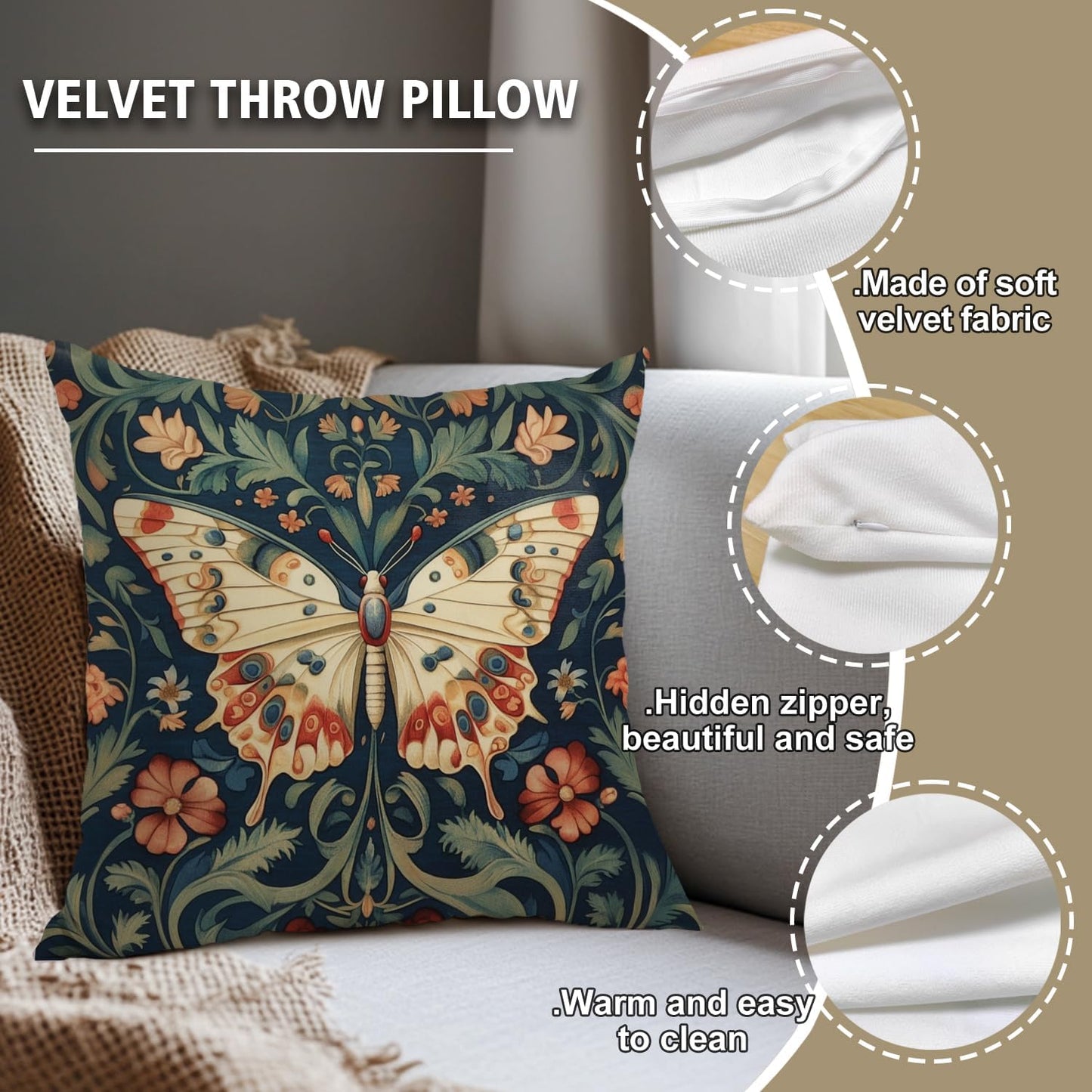 William Morris Abstract Vintage Floral Velvet Butterfly Design Throw Pillow Covers Home Decor, Retro Art Deco Pillowcase Cushion Cover for Bed Sofa Living Room, Square 18x18inch (Beige-Butterfly)