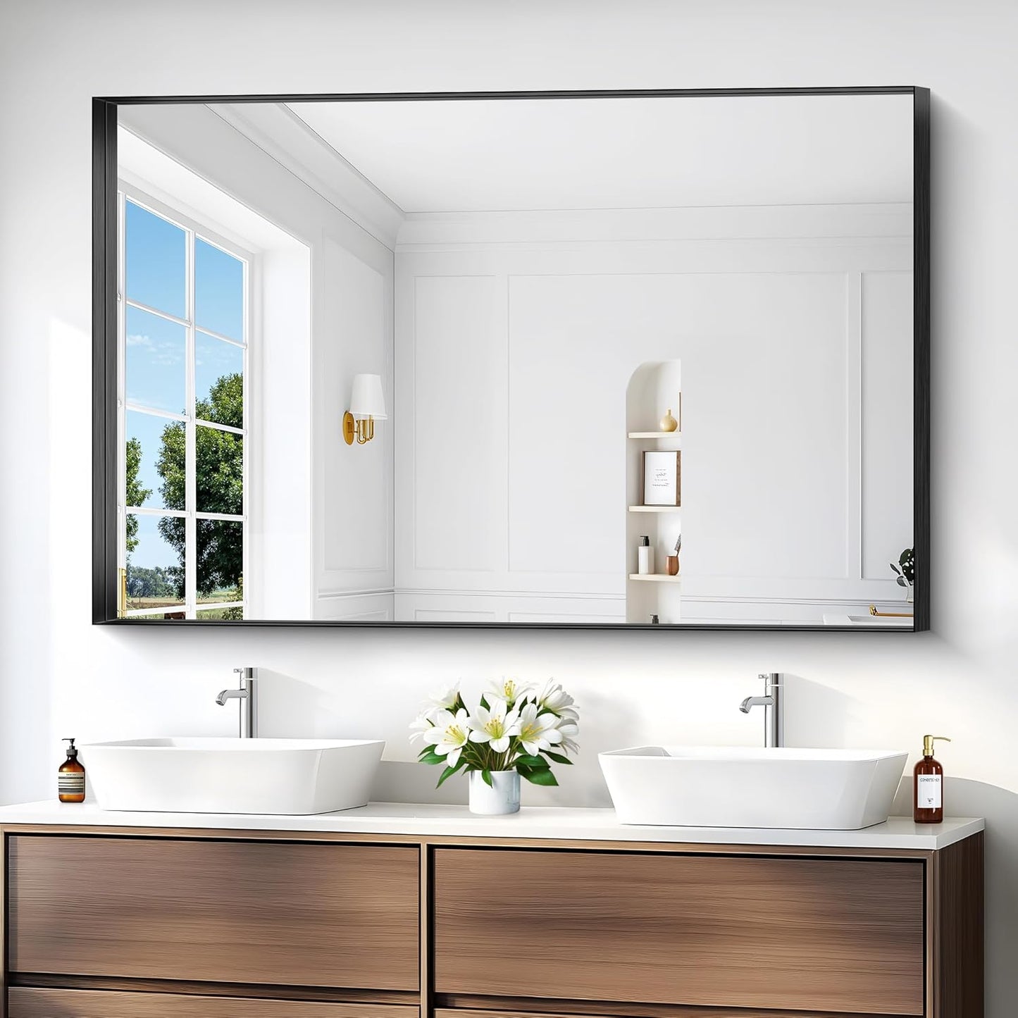 Black Bathroom Mirror, 36x55 Inch Rectangular Deep Frame Mirror, Large Wall Mounted Bathroom Vanity Mirror Over Sink for Bedroom,Restroom, Living Room, Hangs Vertically or Horizontally