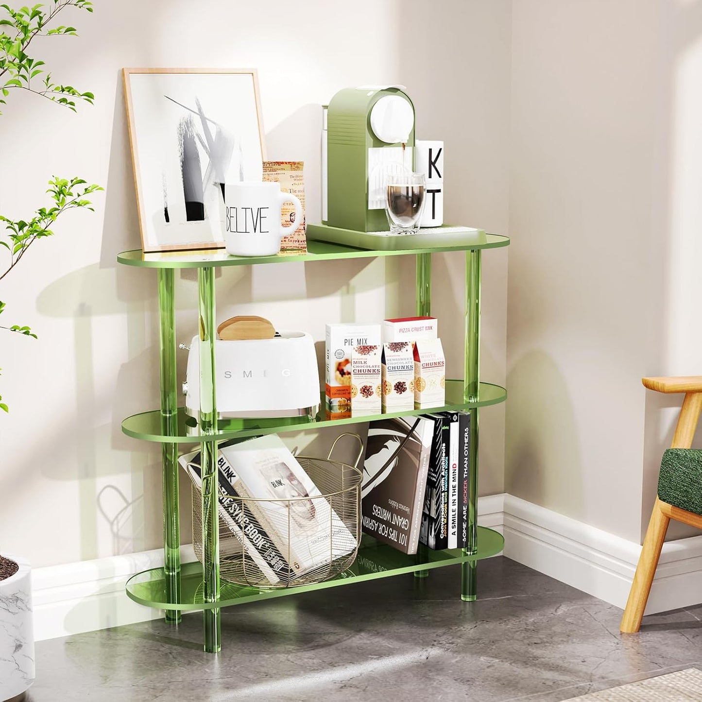 Clear Bookshelf, Acrylic Bookcase with Open Book Shelf Console Table for Entryway Office (3 Tier Green)