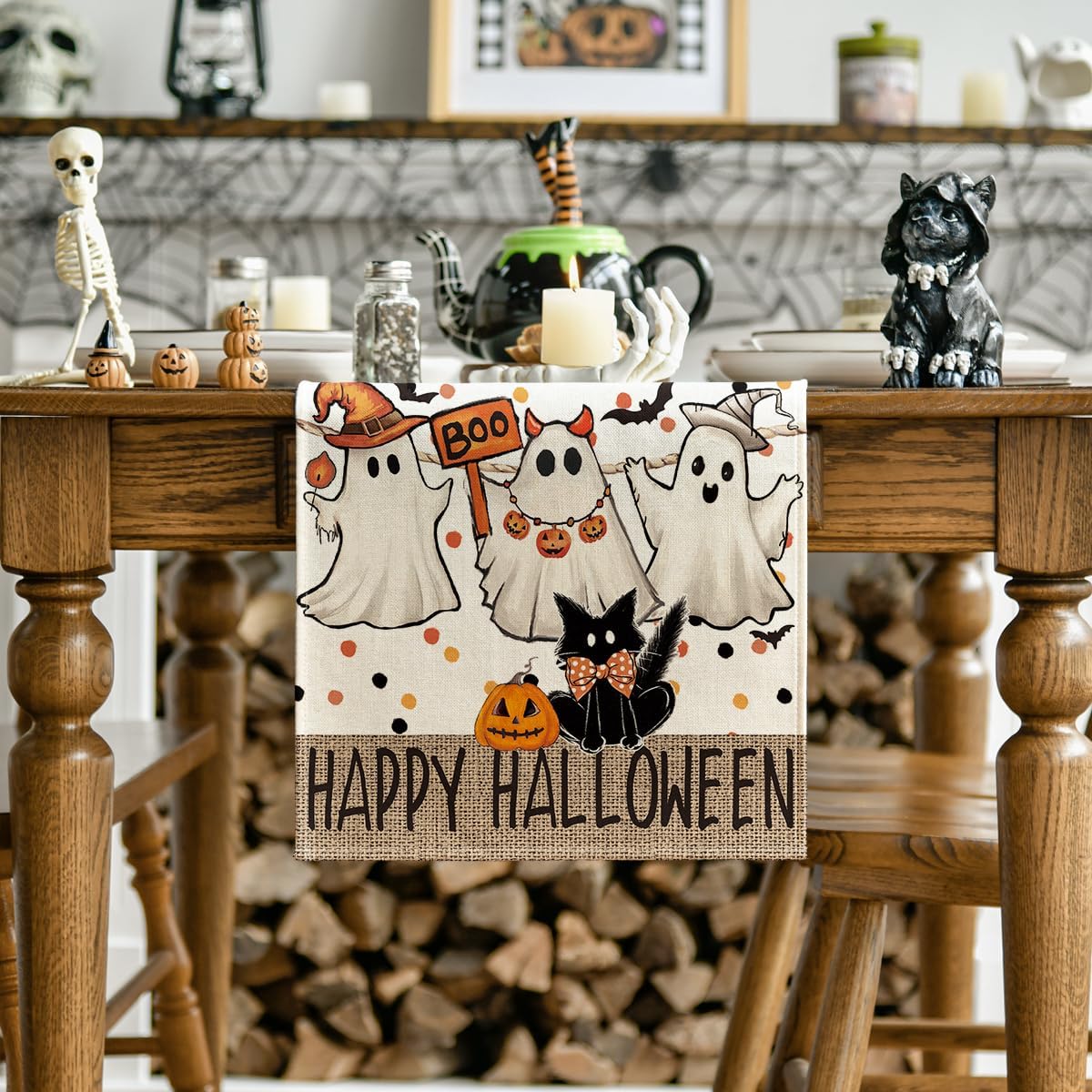 Artoid Mode Beige Ghost Jack-O'-Lantern Black Cat Halloween Table Runner,Holiday Kitchen Dining Table Decoration for Home Party Decor 13 x 60 Inch