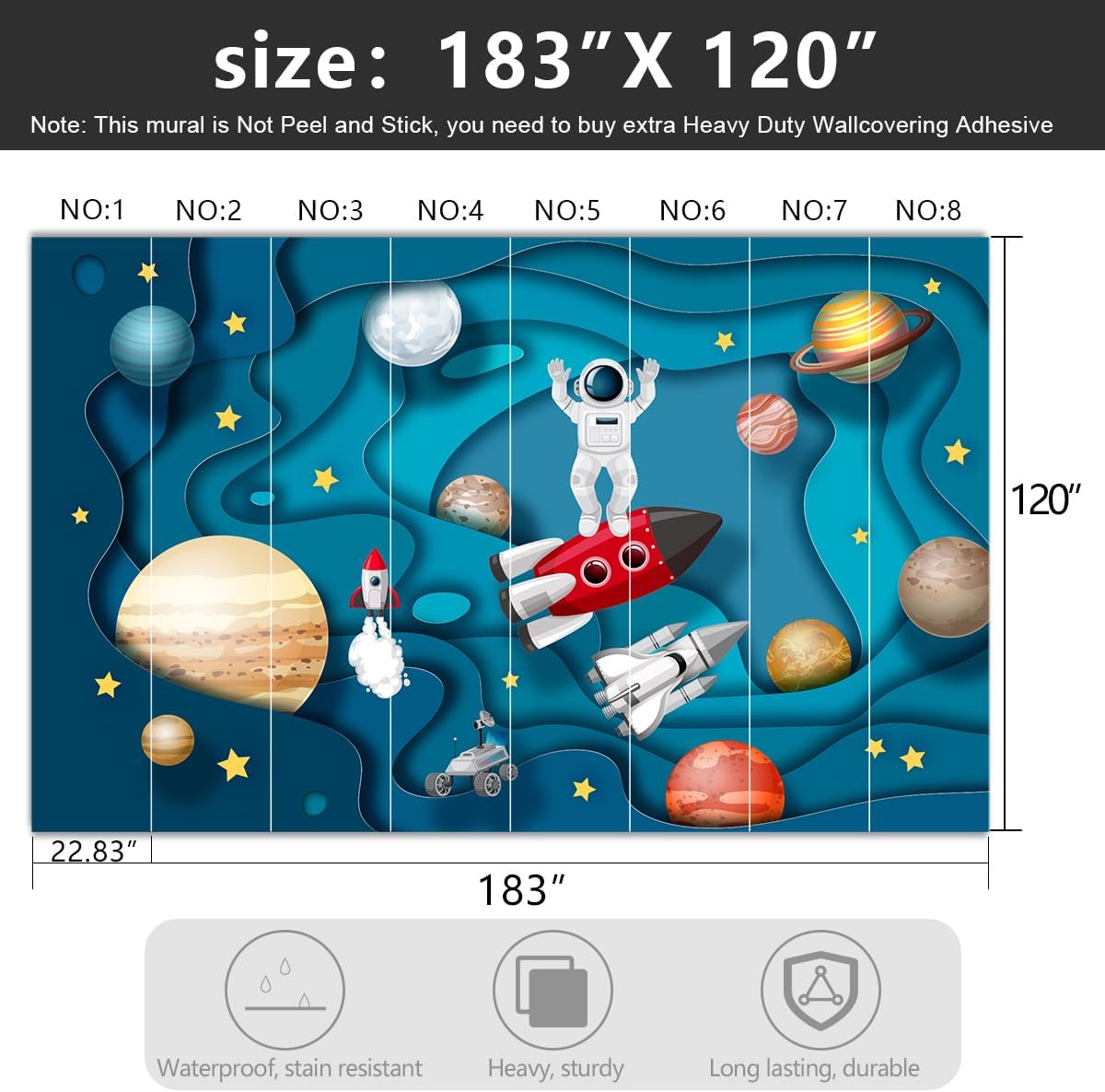 -Kindergarten Children Galactic Planet Fabric Wallpaper Living Room Bedroom Boys Girls Children Cartoon Astronauts Large Mural- 183"x120"（ not Peel and Stick）