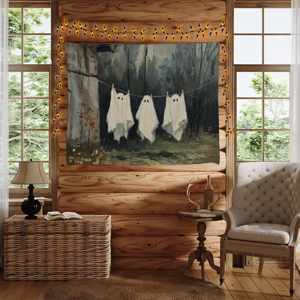 Vintage Halloween Tapestry Funny Ghosts on Clothesline Tapestry Wall Hanging Farmhouse Gothic Room Decor Spooky Ghost Prints for Dark Academia Halloween Party House Decoration Tapestries 30x40inch