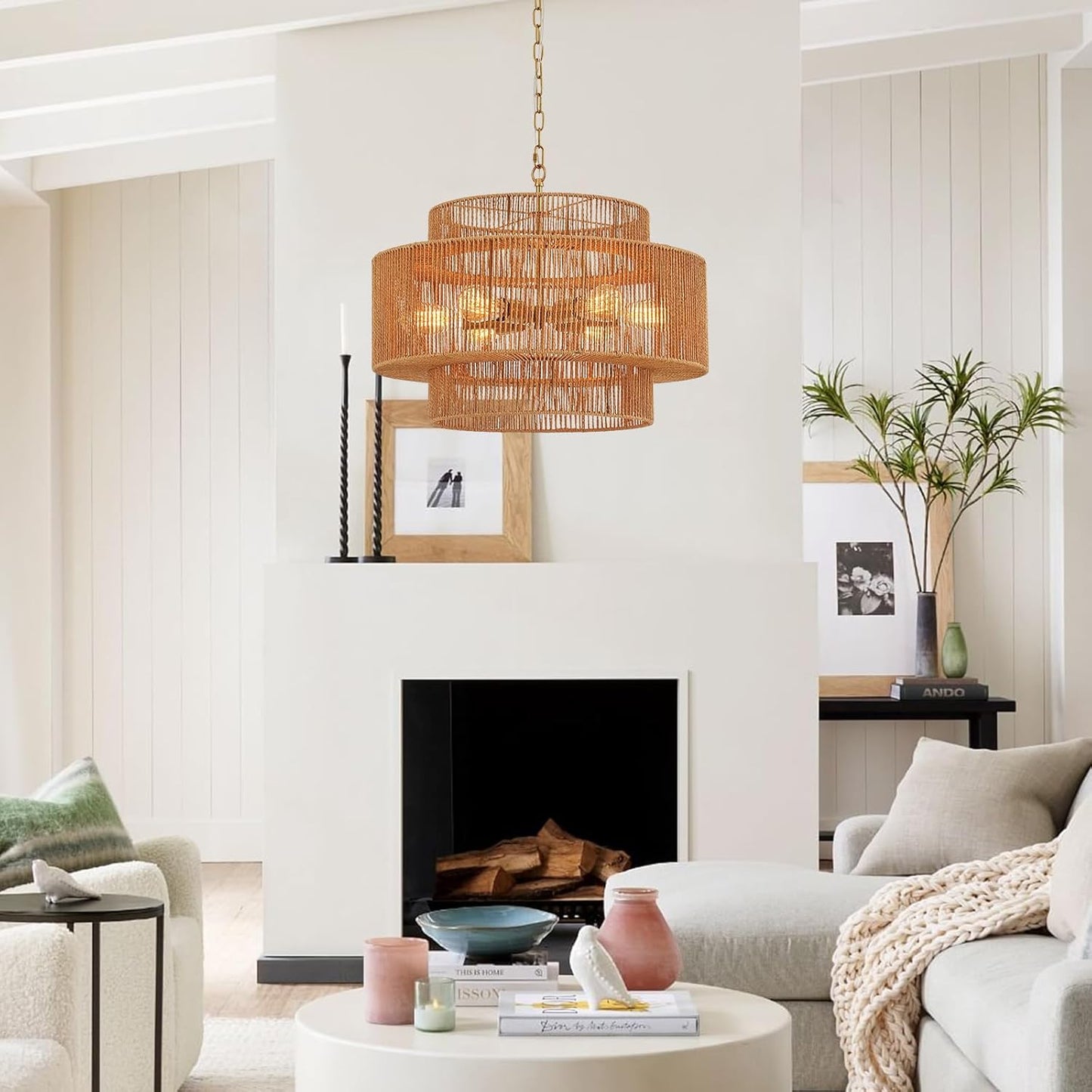 23.6" Rattan Chandelier Light Fixture Vintage 6-Lights Boho Hand-Woven Bamboo Chandeliers Retro Farmhouse 3-Tier Drum Wicker Rattan Golden Chandelier for Dining Room, Kitchen, Living Room